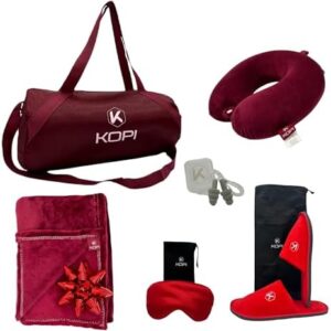 KOPI-Travel Blanket and Pillow. The Most Complete and Premium Travel Set with Pillow Memory Foam, Sleep mask, and More, Including a complimentary Soft Blanket, Wine Red, Gifts for Women and Men.